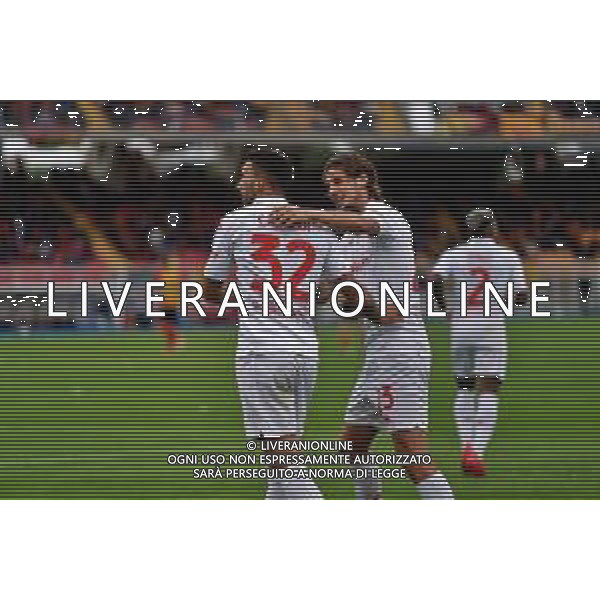 TVEM October 20, 2024 Lecce, Italy - US Lecce vs ACF Fiorentina - Italian soccer serie A 2024/25 - Via Del Mare Stadium. In the pic: Danilo Cataldi of Fiorentina celebrates after scoring a goal with Andrea Colpani of Fiorentina foto emmanuele mastrodonato-ag aldo liverani sas