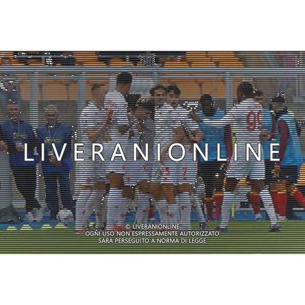 TVEM October 20, 2024 Lecce, Italy - US Lecce vs ACF Fiorentina - Italian soccer serie A 2024/25 - Via Del Mare Stadium. In the pic: Fabiano Parisi of Fiorentina celebrates after scoring a goal with teammates foto emmanuele mastrodonato-ag aldo liverani sas