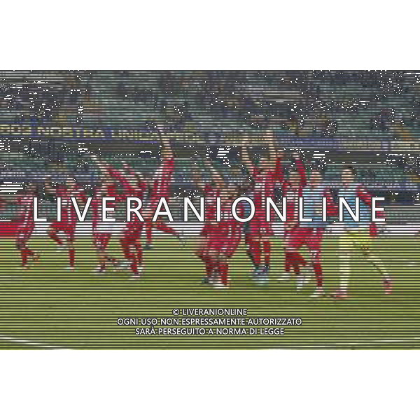 Monza players celebrate the victory at the end of Hellas Verona FC vs AC Monza, 8° Serie A Enilive 2024-25 game at Marcantonio Bentegodi Stadium in Verona (VR), Italy, on October 21, 2024. (Photo by Davide Casentini) AG ALDO LIVERANI SAS
