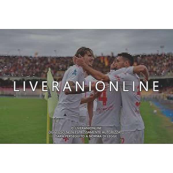 TVEM October 20, 2024 Lecce, Italy - US Lecce vs ACF Fiorentina - Italian soccer serie A 2024/25 - Via Del Mare Stadium. In the pic: Danilo Cataldi of Fiorentina celebrates after scoring a goal with Edoardo Bove of Fiorentina and Andrea Colpani of Fiorentina foto emmanuele mastrodonato-ag aldo liverani sas