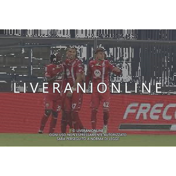 Dany Mota Carvalho of AC Monza and Monza\'s players jubilates after scoring the goal during Hellas Verona FC vs AC Monza, 8° Serie A Enilive 2024-25 game at Marcantonio Bentegodi Stadium in Verona (VR), Italy, on October 21, 2024. (Photo by Davide Casentini) /AGENZIA ALDO LIVERANI SAS
