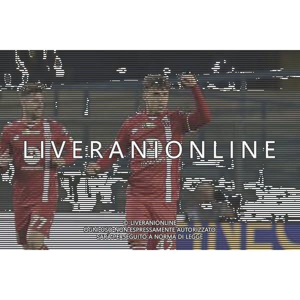 Alessandro Bianco of AC Monza celebrates the Dany Mota Carvalho of AC Monza goal during Hellas Verona FC vs AC Monza, 8° Serie A Enilive 2024-25 game at Marcantonio Bentegodi Stadium in Verona (VR), Italy, on October 21, 2024. (Photo by Davide Casentini) /AGENZIA ALDO LIVERANI SAS