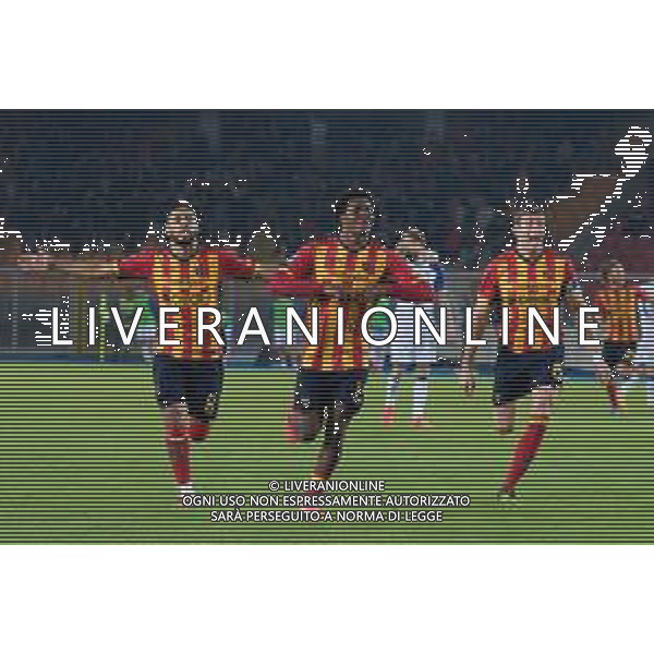 TVEM October 29, 2024 Lecce, Italy - US Lecce vs Hellas Verona - Italian soccer serie A 2024/25 - Via Del Mare Stadium. In the pic: Patrick Dorgu of US Lecce celebrates after scoring a goal with Hamza Rafia of US Lecce and Federico Baschirotto of US Lecce foto emmanuele mastrodonato-ag aldo liverani sas