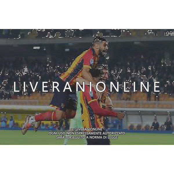 TVEM October 29, 2024 Lecce, Italy - US Lecce vs Hellas Verona - Italian soccer serie A 2024/25 - Via Del Mare Stadium. In the pic: Patrick Dorgu of US Lecce celebrates after scoring a goal with Federico Baschirotto of US Lecce and Hamza Rafia of US Lecce foto emmanuele mastrodonato-ag aldo liverani sas
