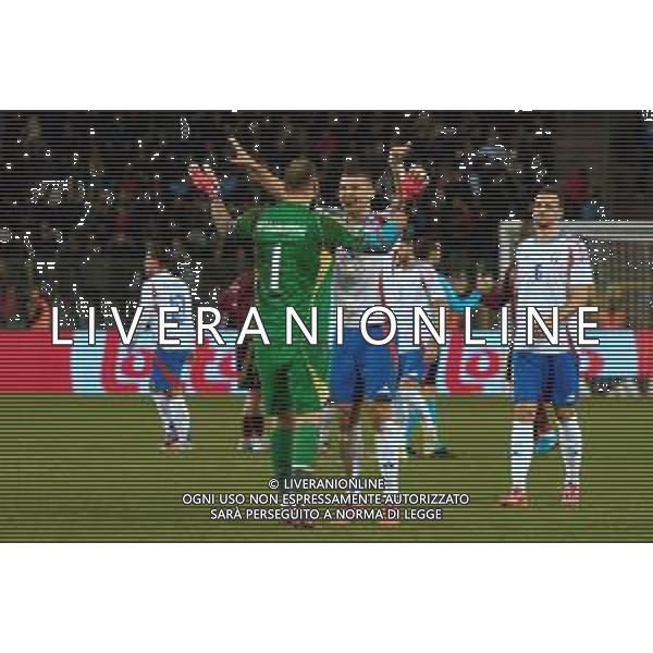 TVEM November 14, 2024 Brussels, Belgium - Belgium vs Italy - UEFA Nations League 2024/25, League A Group A2 match - King Baudouin Stadium. In the pic: Alessandro Buongiorno of Italy and Gianluigi Donnarumma of Italy celebrates the victory foto emmanuele mastrodonato-ag aldo liverani sas