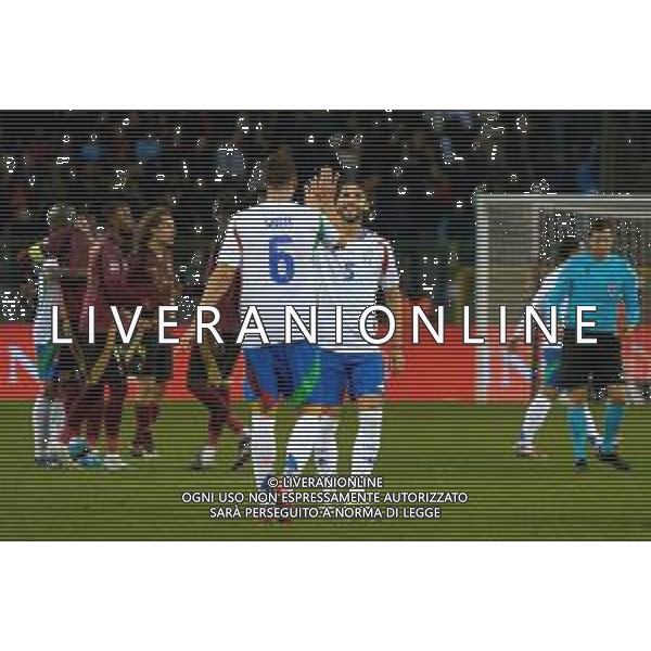TVEM November 14, 2024 Brussels, Belgium - Belgium vs Italy - UEFA Nations League 2024/25, League A Group A2 match - King Baudouin Stadium. In the pic: Manuel Locatelli of Italy and Federico Gatti of Italy celebrates the victory foto emmanuele mastrodonato-ag aldo liverani sas