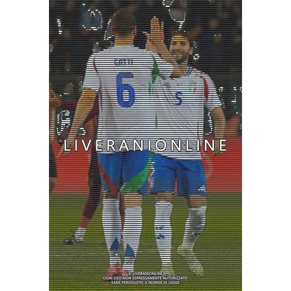 TVEM November 14, 2024 Brussels, Belgium - Belgium vs Italy - UEFA Nations League 2024/25, League A Group A2 match - King Baudouin Stadium. In the pic: Manuel Locatelli of Italy and Federico Gatti of Italy celebrates the victory FOTO EMMANUELE MASTRODONATO-AG ALDO LIVERANI SAS