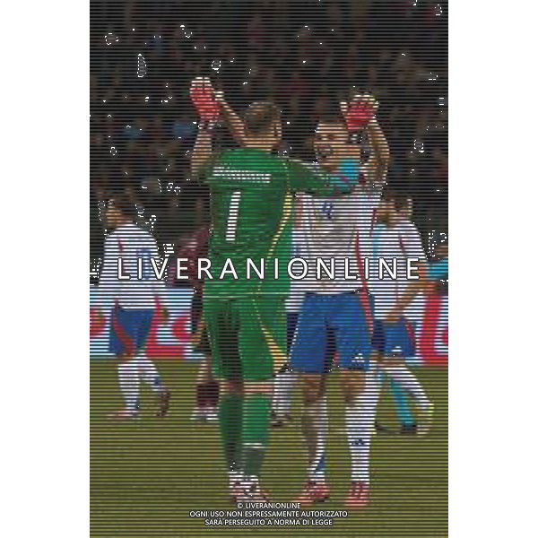 TVEM November 14, 2024 Brussels, Belgium - Belgium vs Italy - UEFA Nations League 2024/25, League A Group A2 match - King Baudouin Stadium. In the pic: Gianluigi Donnarumma of Italy and Alessandro Buongiorno of Italy celebrates the victory FOTO EMMANUELE MASTRODONATO-AG ALDO LIVERANI SAS