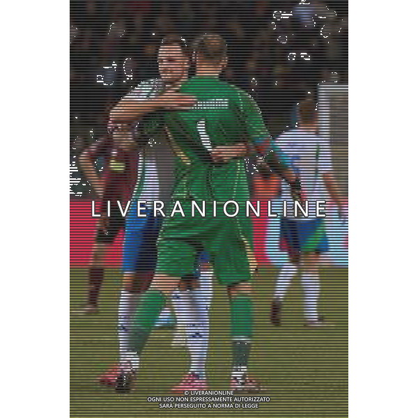 TVEM November 14, 2024 Brussels, Belgium - Belgium vs Italy - UEFA Nations League 2024/25, League A Group A2 match - King Baudouin Stadium. In the pic: Gianluigi Donnarumma of Italy and Federico Gatti of Italy celebrates the victory FOTO EMMANUELE MASTRODONATO-AG ALDO LIVERANI SAS