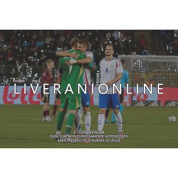 TVEM November 14, 2024 Brussels, Belgium - Belgium vs Italy - UEFA Nations League 2024/25, League A Group A2 match - King Baudouin Stadium. In the pic: Gianluigi Donnarumma of Italy and Alessandro Buongiorno of Italy celebrates the victory FOTO EMMANUELE MASTRODONATO-AG ALDO LIVERANI SAS
