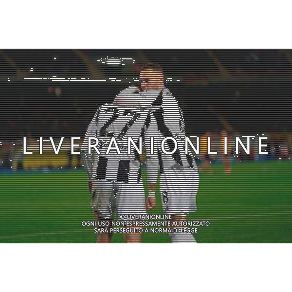 TVEM December 01, 2024 Lecce, Italy - US Lecce vs Juventus FC - Italian soccer serie A 2024/25 - Via Del Mare Stadium. In the pic: Andrea Cambiaso of Juventus celebrates after scoring a goal with Teun Koopmeiners of Juventus ©Emmanuele Mastrodonato - AGENZIA ALDO LIVERANI SAS