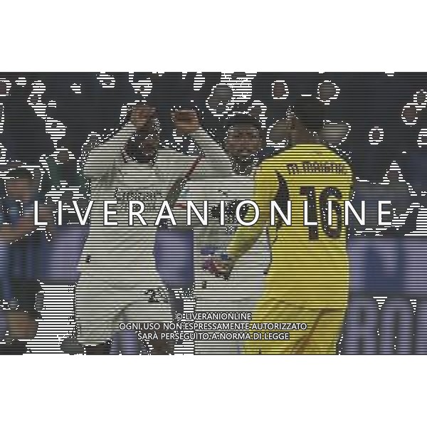 Youssouf Fofana of AC Milan and Mike Maignan of AC Milan celebrates the Alvaro Morata of AC Milan gol during Atalanta BC vs AC Milan, 15° Serie A Enilive 2024-25 game at Gewiss stadium in Bergamo (BG), Italy, on Dicember 06, 2024. (Photo by Davide Casentini)- AGENZIA ALDO LIVERANI SAS