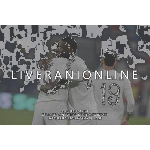 Kylian Mbappe’ of Real Madrid FC hugs Antonio Rudiger of Real Madrid FC afther gol during Atalanta BC vs Rela Madrid FC, 6° round of Chanpions League 2024-25, game at Gewiss stadiumo in Bergamo (BG), Italy, on Dicember 10, 2024. (Photo by Davide Casentini)-AGENZIA ALDO LIVERANI SAS