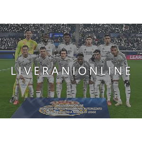 TVRG Atalanta vs Real Madrid nella foto formazione Real Madrid, in piedi da SX Thibaut Courtois, Antonio Rudiger, Aurelien Tchouameni, Federico Valverde e Jude Bellingham; in basso da SX Lucas Vazquez, Dani Ceballos, Fran Garcia, Vinicius Junior, Brahim Diaz e Kylian Mbappè Bergamo 10-12-2024 Gewiss Stadium UEFA Champions League fase a girone unico - 6a giornata foto Roberto Garavaglia/Agenzia Aldo Liverani sas-AGENZIA ALDO LIVERANI SAS