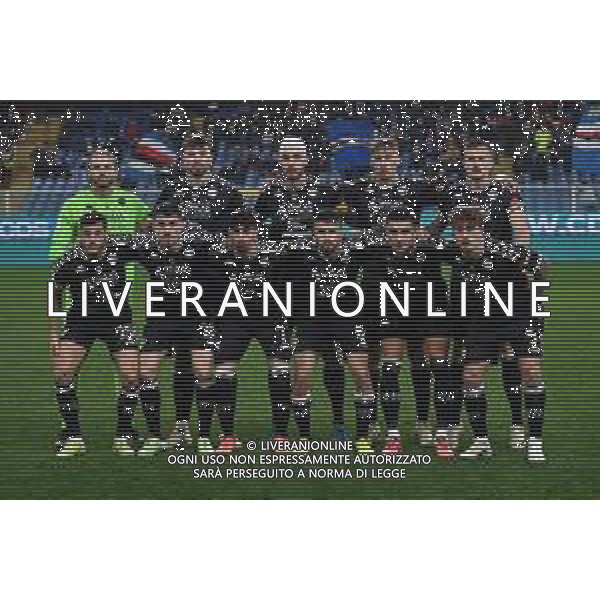 TVRG Sampdoria vs Spezia nella foto formazione Spezia, in piedi da SX Giacomo Gori, Przemyslaw Wisniewski, Petko Rosenov Hristov, Francesco Pio Esposito e Arkadiusz Reca; in basso da SX Filippo Bandinelli, Giuseppe Di Serio, Salvatore Elia , Adam Nagy, Ales Mateju e Salvatore Esposito Genova 14-12-2024 Stadio Luigi Ferraris - Marassi Campionato Serie BKT - 17a giornata foto Roberto Garavaglia/Agenzia Aldo Liverani sas
