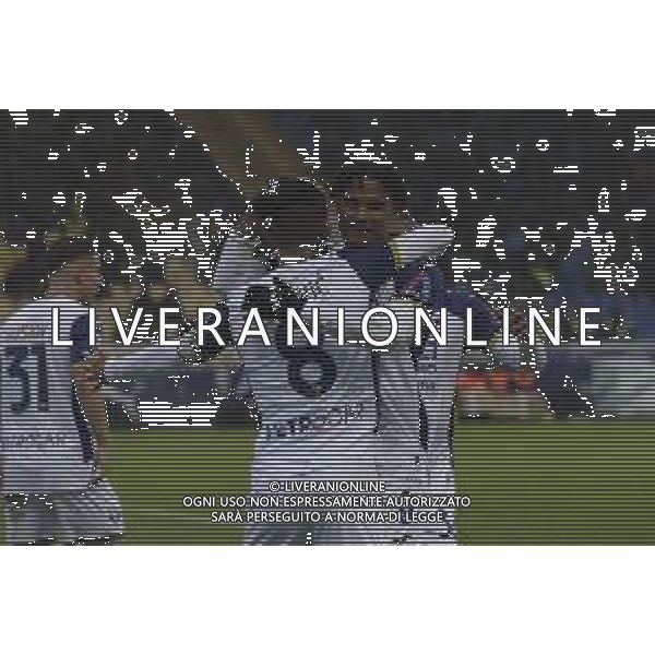 Amin Sarr of Hellas Verona FC celebrates after scoring 1 gol during Parma Calcio vs Hellas Verona FC, 16° Serie A Enilive 2024-25 game at Ennio Tardini stadium in Parma (PR), Italy, on Dicember 15, 2024. (Photo by Davide Casentini)- AG ALDO LIVERANI SAS