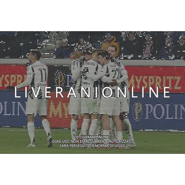 Pierre Kalulu of Juventus FC celebrates with team the gol during Atalanta BC vs Juventus FC, 19° Serie A Enilive 2024-25 game at Gewiss stadium in Bergamo (BG), Italy, on January 14, 2025. (Photo by Davide Casentini)-AGENZIA ALDO LIVERANI SAS