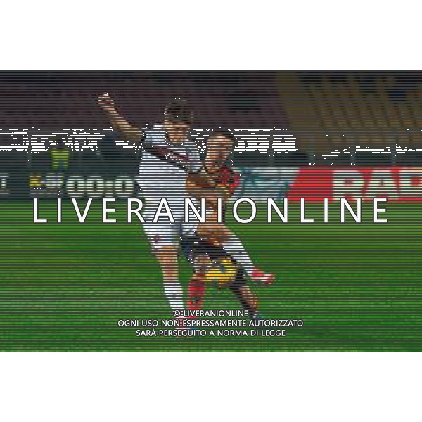 TVEM February 09, 2025 Lecce, Italy - US Lecce vs Bologna FC - Italian soccer serie A 2024/25 - Via Del Mare Stadium. In the pic: Benjamin Dominguez of Bologna FC in action against Frederic Guilbert of US Lecce foto emmanuele mastrodonato-ag aldo liverani sas