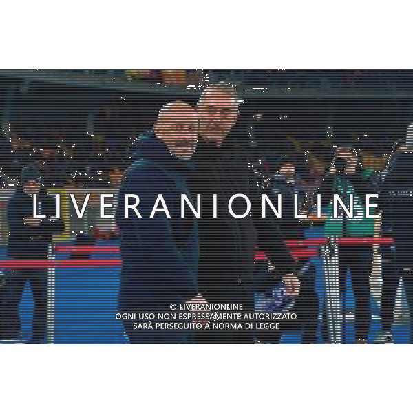 TVEM February 09, 2025 Lecce, Italy - US Lecce vs Bologna FC - Italian soccer serie A 2024/25 - Via Del Mare Stadium. In the pic: coach Vincenzo Italiano of Bologna FC and coach Marco Giampaolo of US Lecce foto emmanuele mastrodonato-ag aldo liverani sas
