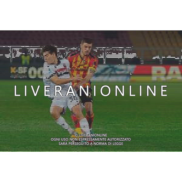 TVEM February 09, 2025 Lecce, Italy - US Lecce vs Bologna FC - Italian soccer serie A 2024/25 - Via Del Mare Stadium. In the pic: Benjamin Dominguez of Bologna FC and Frederic Guilbert of US Lecce foto emmanuele mastrodonato-ag aldo liveraani sas