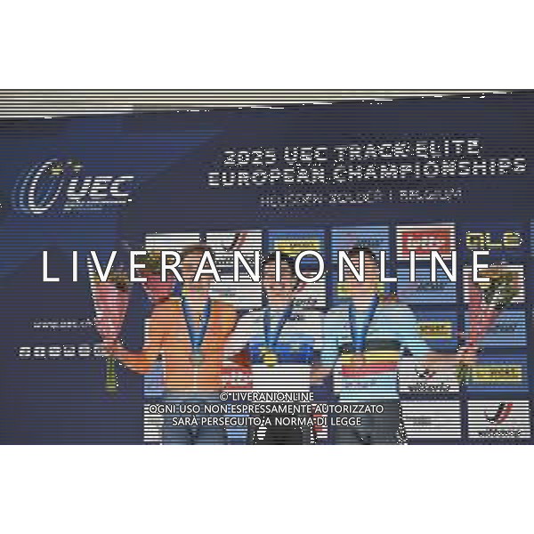 13-02-2025 European Championships Elite Track; Giornata 02; 2025, Portogallo; 2025, Olanda; 2025, Belgium; Leitao, Iuri; Dorenbos, Yanne; De Buyst, Jasper; Zolder Velodromo; ©SIROTTI - AGENZIA ALDO LIVERANI SAS