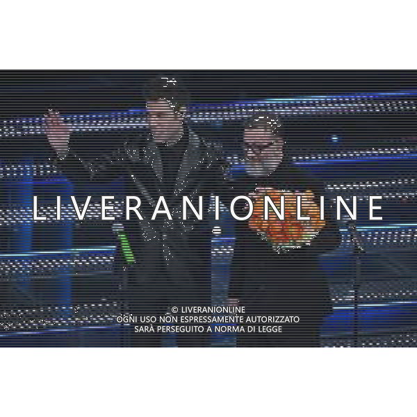 Festival Sanremo 2025 nella foto Fedez con Marco Masini 75mo Festival della Canzone Italiana - Quarta Serata Teatro Ariston - Sanremo (IM) 14-02-2025 foto Roberto Garavaglia/agenzia Aldo Liverani sas
