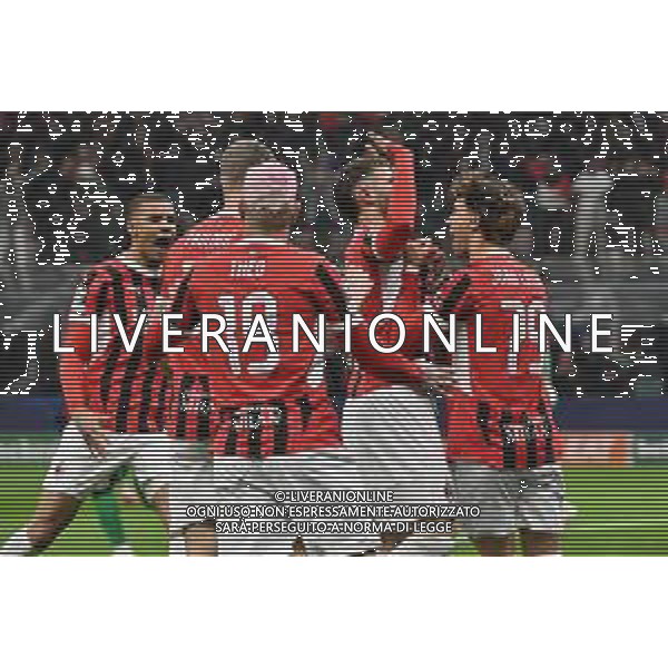 Milan vs Feyenoord nella foto giocatori Milan esultanza dopo il gol dell\'1 a 0 Milano 18-02-2025 Stadio Giuseppe Meazza - San Siro UEFA Champions League playoff gara di ritorno foto Roberto Garavaglia/Agenzia Aldo Liverani sas