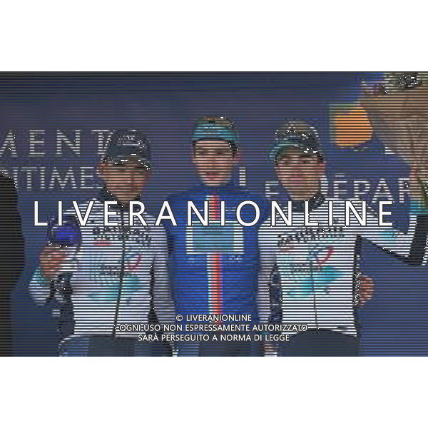 23-02-2025 Tour Des Alpes Maritimes; Tappa 02 Villefranche Sur Mer - Vence; 2025, Xds - Astana; 2025, Bahrain - Victorious; Scaroni, Christian; Buitrago Sanchez, Santiago; Martinez, Lenny; Vence; ©SIROTTI - AGENZIA ALDO LIVERANI SAS