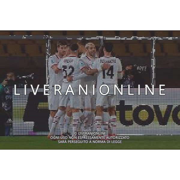 TVEM March 8, 2025 Lecce, Italy - US Lecce vs AC Milan - Italian soccer serie A 2024/25 - Via Del Mare Stadium. In the pic: Matteo Gabbia of AC Milan celebrates after scoring a goal with teammates that was after disallowed ©Emmanuele Mastrodonato - AGENZIA ALDO LIVERANI SAS
