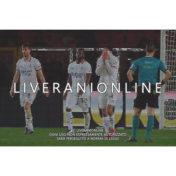 TVEM March 8, 2025 Lecce, Italy - US Lecce vs AC Milan - Italian soccer serie A 2024/25 - Via Del Mare Stadium. In the pic: Tijjani Reijnders of AC Milan, Yunus Musah of AC Milan and Matteo Gabbia of AC Milan disappointed ©Emmanuele Mastrodonato - AGENZIA ALDO LIVERANI SAS