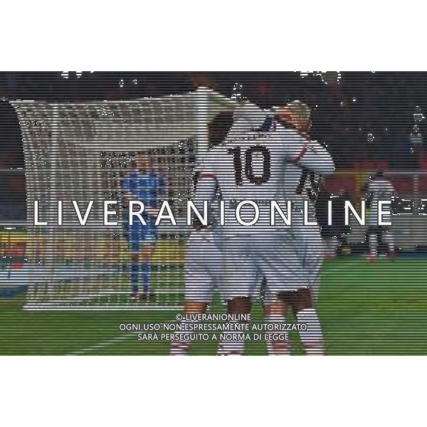 TVEM March 8, 2025 Lecce, Italy - US Lecce vs AC Milan - Italian soccer serie A 2024/25 - Via Del Mare Stadium. In the pic: Rafael Leao of AC Milan, Theo Hernandez of AC Milan and Joao Felix of AC Milan celebrates ©Emmanuele Mastrodonato - AGENZIA ALDO LIVERANI SAS