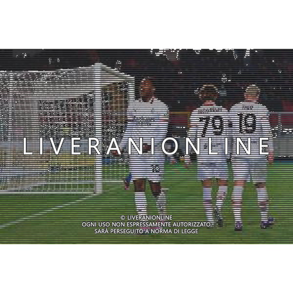TVEM March 8, 2025 Lecce, Italy - US Lecce vs AC Milan - Italian soccer serie A 2024/25 - Via Del Mare Stadium. In the pic: Rafael Leao of AC Milan, Theo Hernandez of AC Milan and Joao Felix of AC Milan celebrates ©Emmanuele Mastrodonato - AGENZIA ALDO LIVERANI SAS