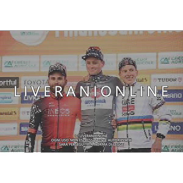 22-03-2025 Milano - Sanremo; 2025, Alpecin - Deceuninck; 2025, Ineos Grenadiers; 2025, Uae Team Emirates - Xrg; Van Der Poel, Mathieu; Ganna, Filippo; Pogacar, Tadej; Sanremo; ©SIROTTI - AGENZIA ALDO LIVERANI SAS