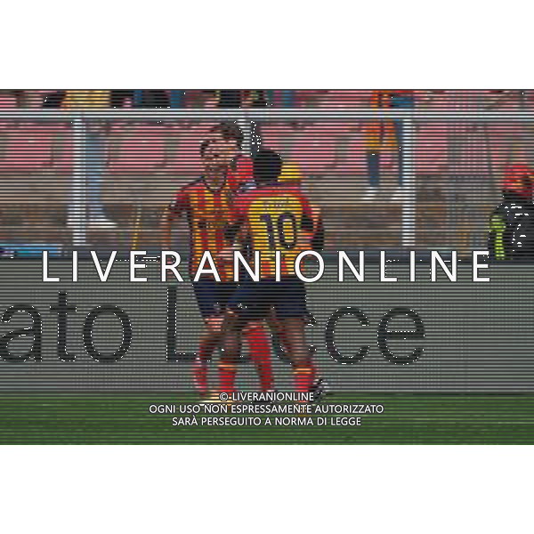 TVEM April 06, 2025 Lecce, Italy - US Lecce vs Venezia FC - Italian soccer serie A 2024/25 - Via Del Mare Stadium. In the pic: Federico Baschirotto of US Lecce celebrates after scoring a goal with teammates FOTO EMMANUELE MASTRODONATO-AG ALDO LIVERANI SAS