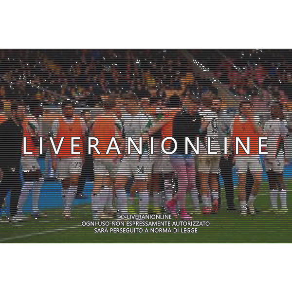 TVEM April 06, 2025 Lecce, Italy - US Lecce vs Venezia FC - Italian soccer serie A 2024/25 - Via Del Mare Stadium. In the pic: players of Venezia FC celebrates after scoring a goal ©TVEM Emmanuele Mastrodonato - AGENZIA ALDO LIVERANI SAS