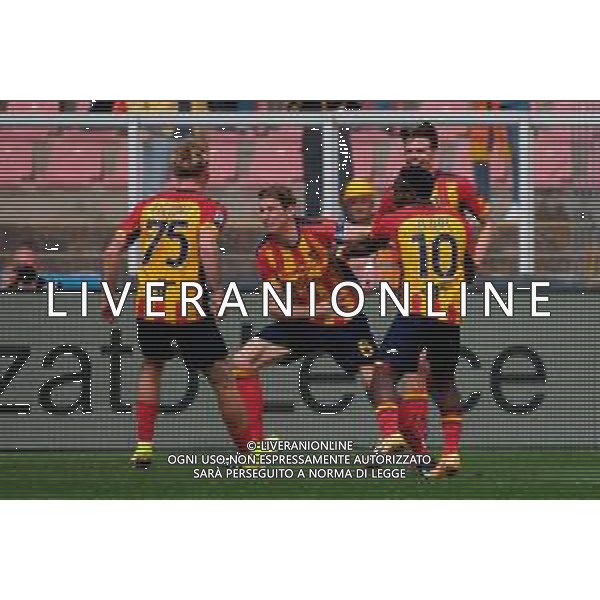 TVEM April 06, 2025 Lecce, Italy - US Lecce vs Venezia FC - Italian soccer serie A 2024/25 - Via Del Mare Stadium. In the pic: Federico Baschirotto of US Lecce celebrates after scoring a goal with Johann Helgason, Konan Ignace Jocelyn N\'Dri and Balthazar Pierret of US Lecce ©TVEM Emmanuele Mastrodonato - AGENZIA ALDO LIVERANI SAS