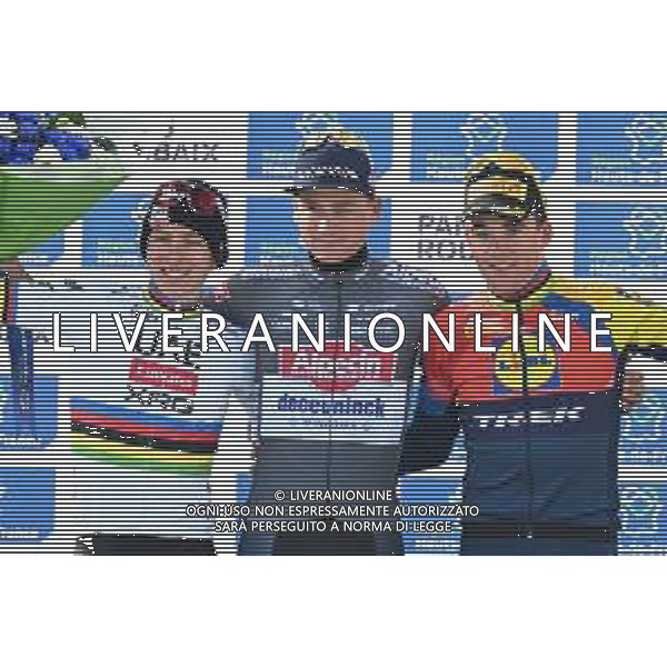 13-04-2025 Paris - Roubaix; 2025, Alpecin - Deceuninck; 2025, Uae Team Emirates - Xrg; 2025, Lidl - Trek; Van Der Poel, Mathieu; Pogacar, Tadej; Pedersen, Mads; Roubaix; ©SIROTTI - AGENZIA ALDO LIVERANI SAS