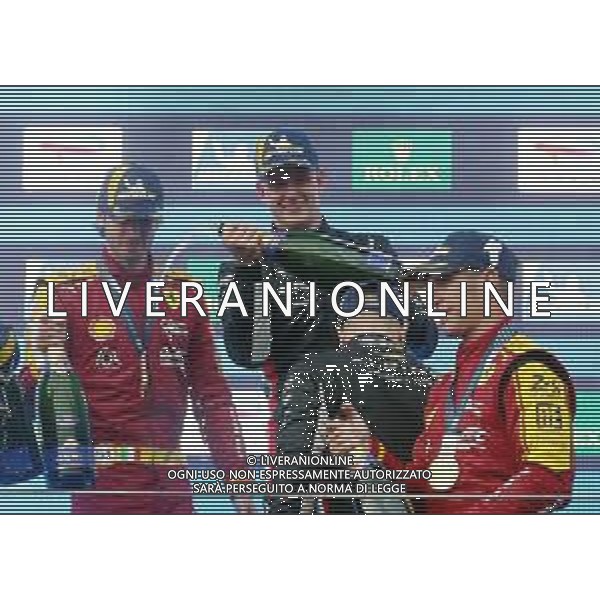 IMOLA 20 04 2025 AUTODROMO ENZO E DINO FERRARI WEC 6 ORE DI IMOLA NELLA FOTO MICK SCHUMACHER ALPINE A522 FESTEGGIA ASSIEME CON I VINCITORI ANTONIO GIOVINAZZI E PIER GUIDI FERRARI 499P FOTO GIANNI SANNA-AG ALDO LIVERANI SAS