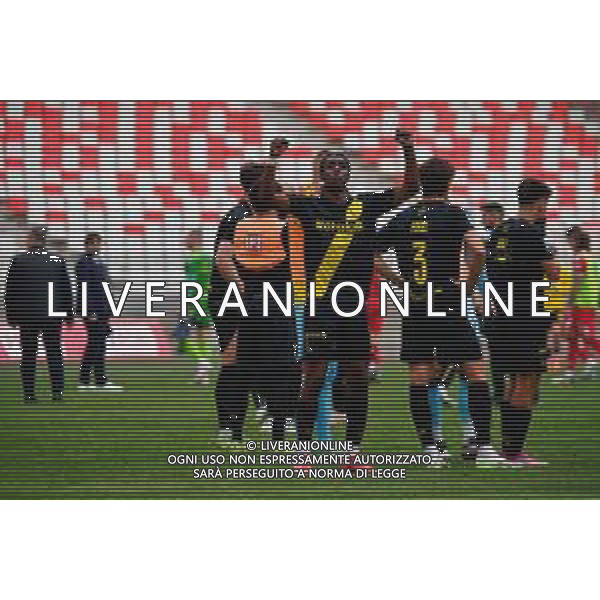 TVEM April 25, 2025 Bari, Italy - SSC Bari vs Modena FC 1912 - Italian soccer serie B 2024/25 - San Nicola Stadium. In the pic: Gady-Pierre Beyuku of Modena FC 1912 celebrates the victory ©TVEM Emmanuele Mastrodonato - AGENZIA ALDO LIVERANI SAS