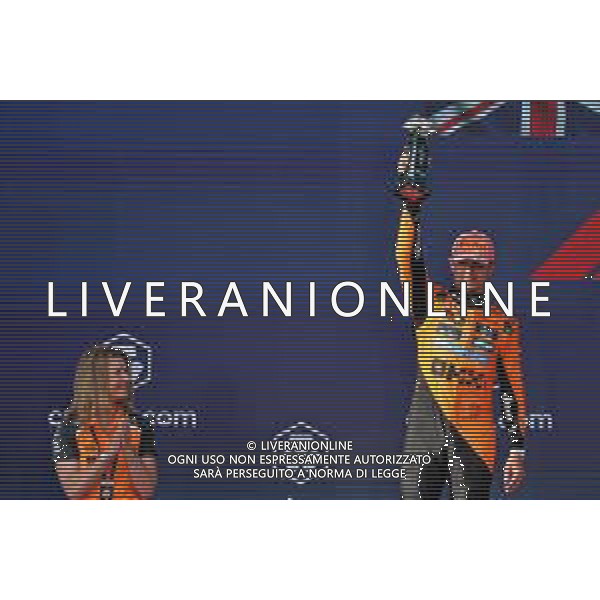 Lando Norris (GBR) McLaren celebrates his second position on the podium with Louise McEwen (GBR) McLaren Chief Marketing Officer. 04.05.2025. Formula 1 World Championship, Rd 6, Miami Grand Prix, Miami, Florida, USA, Race Day. - www.xpbimages.com, EMail: requests@xpbimages.com © Copyright: Bearne / XPB Images ONLY ITALY-AG ALDO LIVERANI SAS