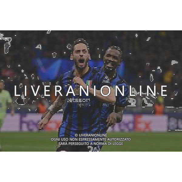 Inter vs Barcellona nella foto Hakan Calhanoglu (Inter) e Marcus Thuram (Inter) esultanza dopo il gol del 2 a 0 Milano 06-05-2025 Stadio Giuseppe Meazza - San Siro UEFA Champions League - semifinali gara di ritorno foto Roberto Garavaglia/Agenzia Aldo Liverani sas