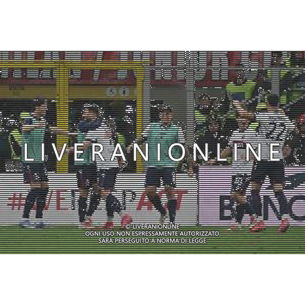 Milan vs Bologna nella foto giocatori Bologna esultanza dopo il gol dell\'1 a 0 Milano 09-05-2025 Stadio Giuseppe Meazza - San Siro Campionato Serie A Enilive - 36a giornata foto Roberto Garavaglia/Agenzia Aldo Liverani sas