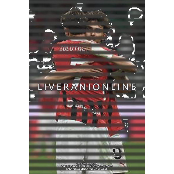 Milan vs Bologna nella foto Santiago Gimenez (Milan) e Joao Felix Sequeira (Milan) esultanza dopo il gol del 3 a 1 Milano 09-05-2025 Stadio Giuseppe Meazza - San Siro Campionato Serie A Enilive - 36a giornata foto Roberto Garavaglia/Agenzia Aldo Liverani sas