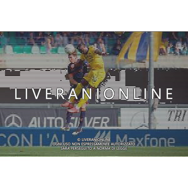 TVEM May 11, 2025 Verona, Italy - Hellas Verona vs US Lecce - Italian soccer serie A 2024/25 - Marcantonio Bentegodi Stadium. In the pic: Federico Baschirotto of US Lecce in action against Daniel Mosquera of Hellas Verona ©TVEM Emmanuele Mastrodonato - AGENZIA ALDO LIVERANI SAS