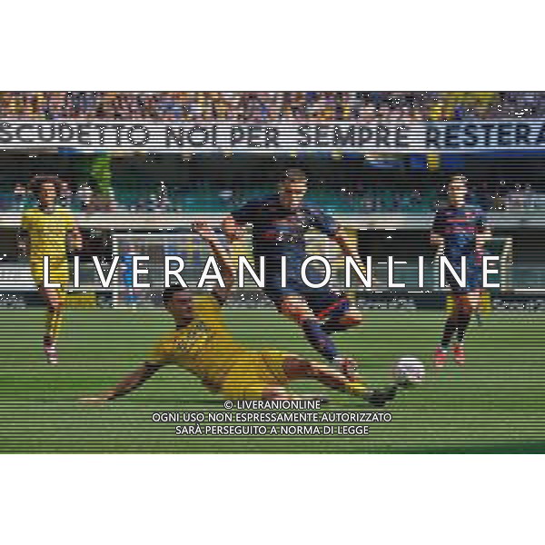 TVEM May 11, 2025 Verona, Italy - Hellas Verona vs US Lecce - Italian soccer serie A 2024/25 - Marcantonio Bentegodi Stadium. In the pic: Nikola Krstovic of US Lecce in action against Diego Coppola of Hellas Verona ©TVEM Emmanuele Mastrodonato - AGENZIA ALDO LIVERANI SAS