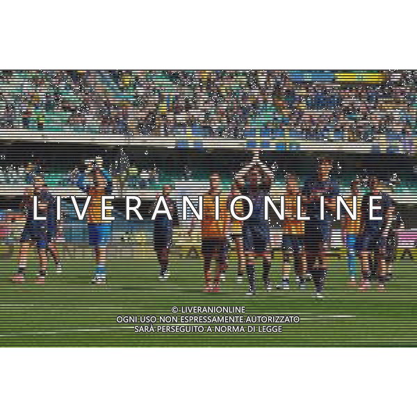 TVEM May 11, 2025 Verona, Italy - Hellas Verona vs US Lecce - Italian soccer serie A 2024/25 - Marcantonio Bentegodi Stadium. In the pic: the US Lecce players applauds fans ©TVEM Emmanuele Mastrodonato - AGENZIA ALDO LIVERANI SAS