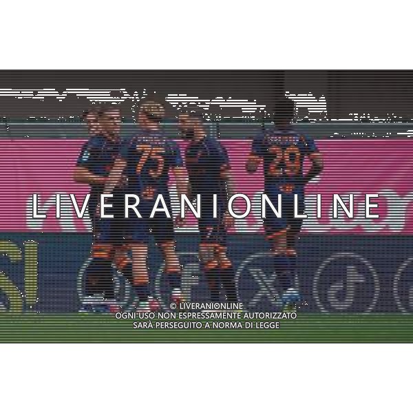 TVEM May 11, 2025 Verona, Italy - Hellas Verona vs US Lecce - Italian soccer serie A 2024/25 - Marcantonio Bentegodi Stadium. In the pic: Nikola Krstovic of US Lecce celebrates after scoring a goal with teammates ©TVEM Emmanuele Mastrodonato - AGENZIA ALDO LIVERANI SAS