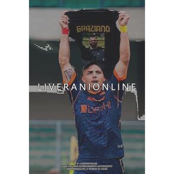 TVEM May 11, 2025 Verona, Italy - Hellas Verona vs US Lecce - Italian soccer serie A 2024/25 - Marcantonio Bentegodi Stadium. In the pic: Nikola Krstovic of US Lecce celebrates after scoring a goal for Graziano Fiorita ©TVEM Emmanuele Mastrodonato - AGENZIA ALDO LIVERANI SAS