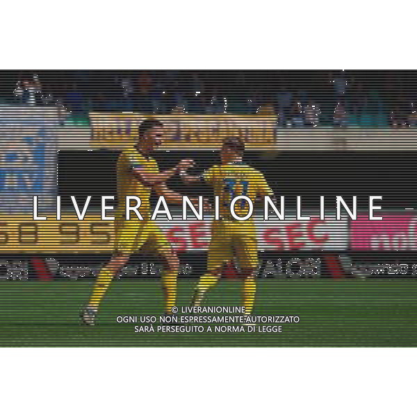 TVEM May 11, 2025 Verona, Italy - Hellas Verona vs US Lecce - Italian soccer serie A 2024/25 - Marcantonio Bentegodi Stadium. In the pic: Diego Coppola of Hellas Verona celebrates after scoring a goal with Tomas Suslov of Hellas Verona ©TVEM Emmanuele Mastrodonato - AGENZIA ALDO LIVERANI SAS