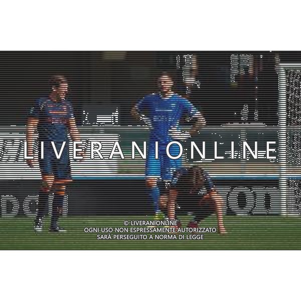 TVEM May 11, 2025 Verona, Italy - Hellas Verona vs US Lecce - Italian soccer serie A 2024/25 - Marcantonio Bentegodi Stadium. In the pic: Federico Baschirotto of US Lecce, Wladimiro Falcone of US Lecce and Johann Helgason of US Lecce disappointed ©TVEM Emmanuele Mastrodonato - AGENZIA ALDO LIVERANI SAS
